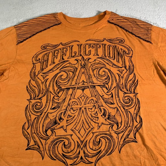 Affliction Shirt Mens XL Orange Tribal Graphic Biker Tee Short Sleeve Crewneck - Picture 2 of 9
